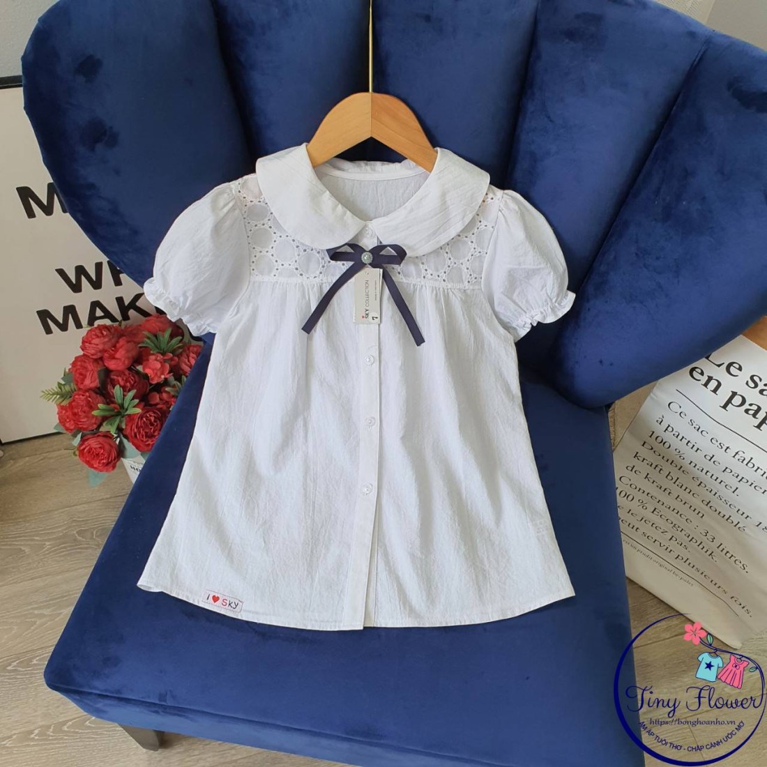 Áo sơ mi ren ngực nơ cài - chất thô cotton - size 6-10 - A8225-ÁO SƠ MI CỘC TAY BÉ GÁI